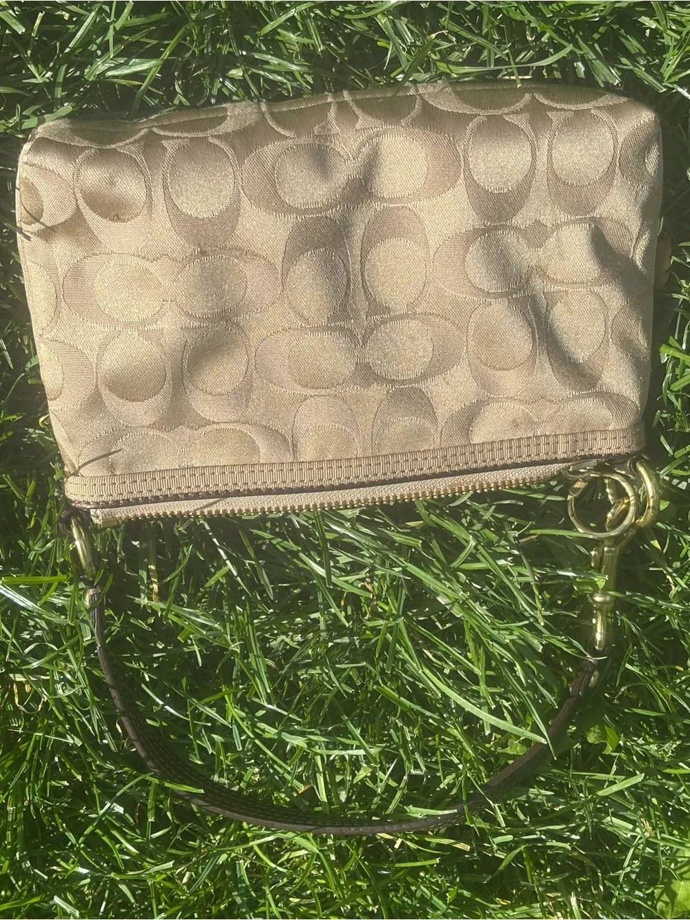 Coach Beige Signature Wristlet Pouch with Gold Logo Plaque